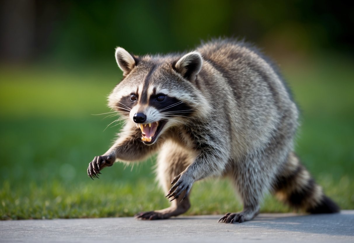 A raccoon with foaming mouth and aggressive stance, baring its teeth and claws at a safe distance from a human
