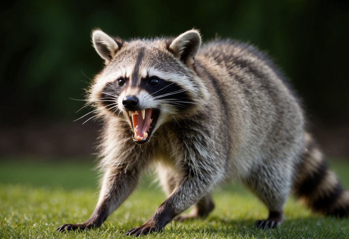A rabid raccoon snarls and foams at the mouth, baring its teeth and lunging aggressively