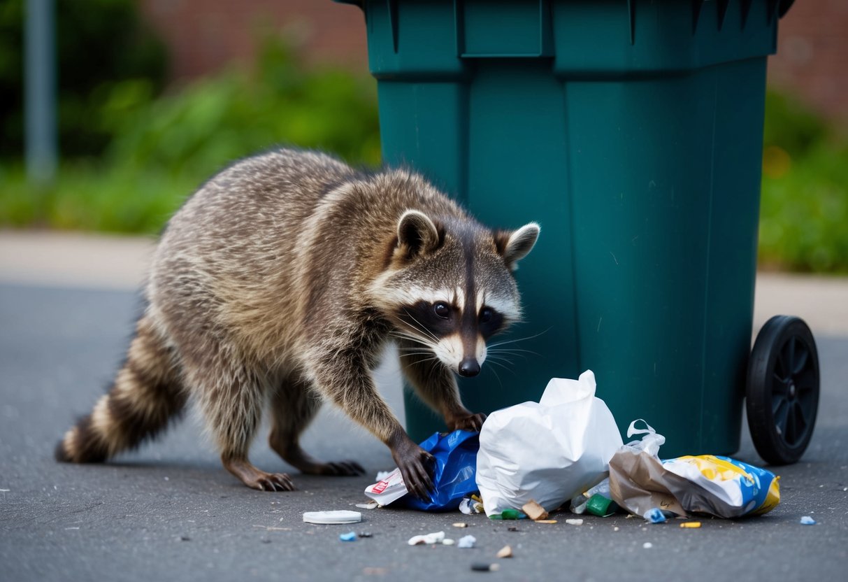 A raccoon rummages through a trash can, scattering garbage on the ground
