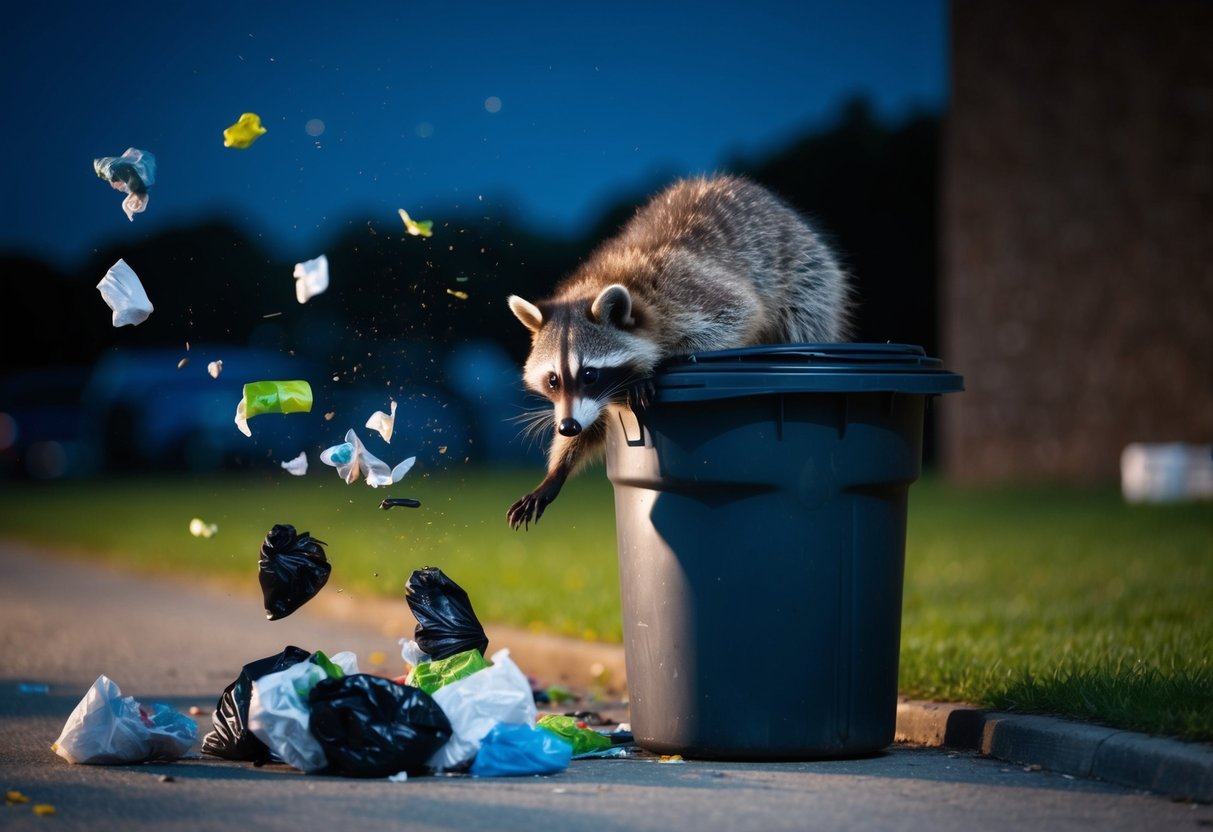 A raccoon rummaging through a trash can at night, scattering garbage around and causing a mess