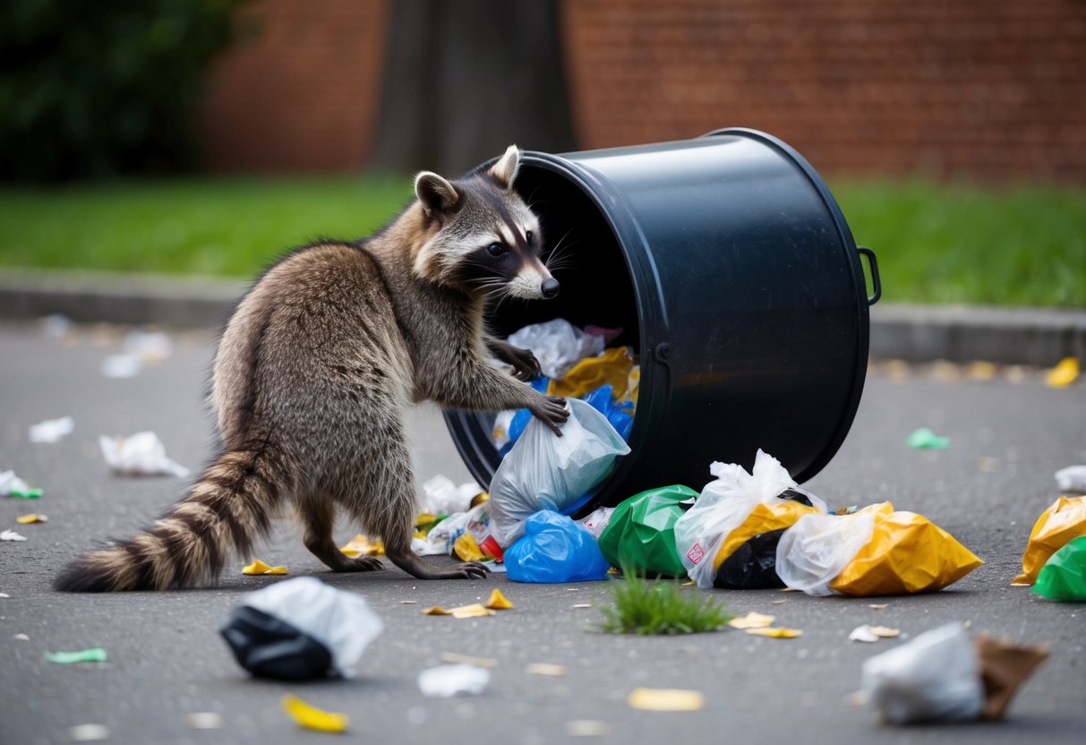 A raccoon raids a trash can, scattering garbage across the ground