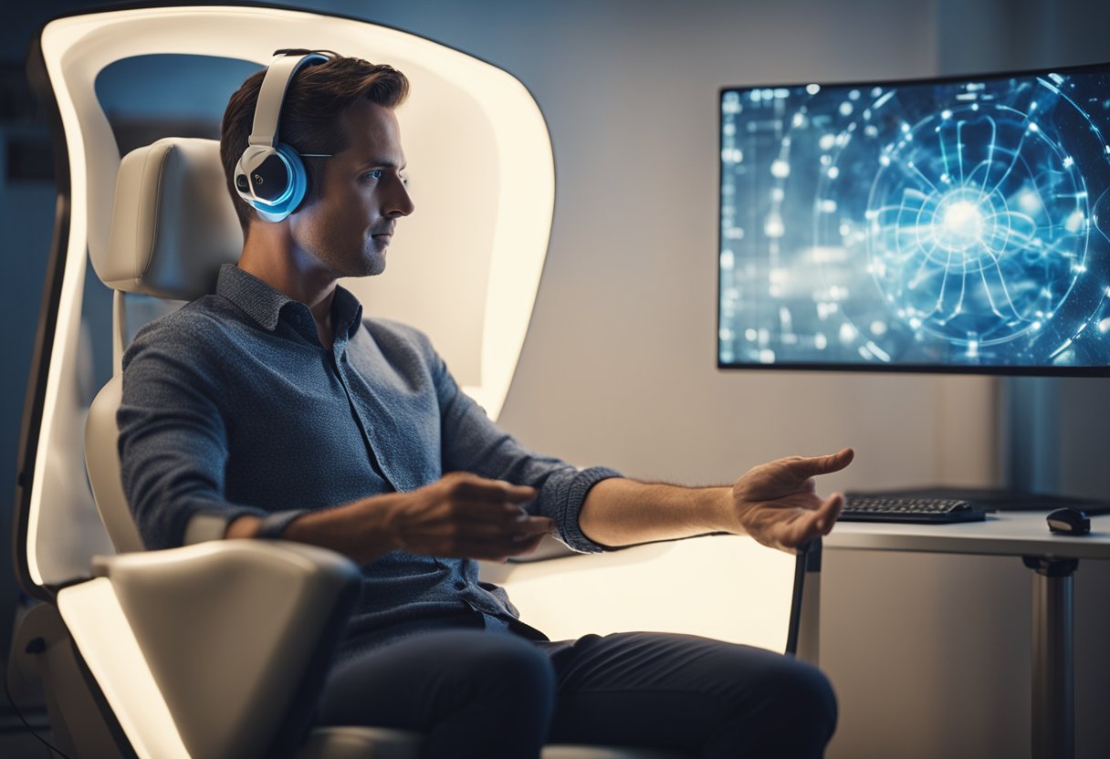 A person sitting in a chair surrounded by a PEMF therapy device emitting pulsating electromagnetic fields