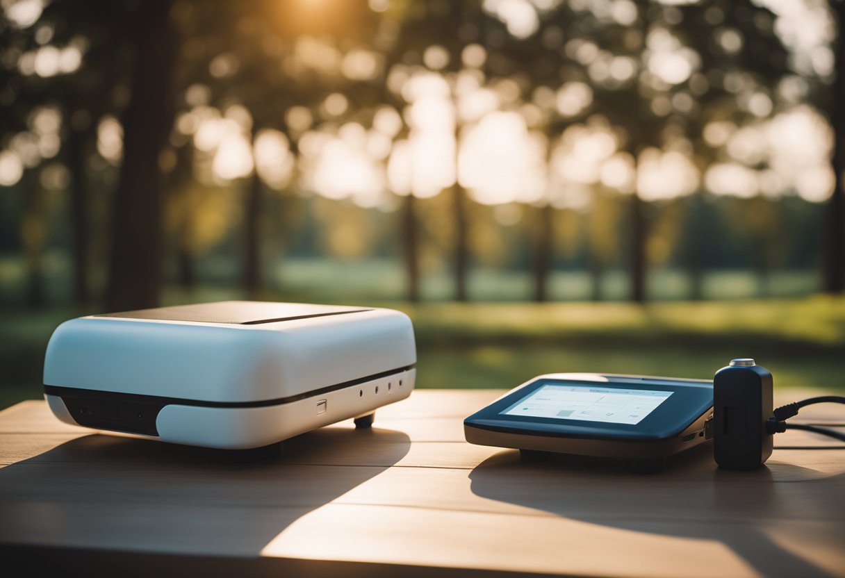 A serene setting with a PEMF therapy device placed on a table, surrounded by peaceful nature and soft lighting