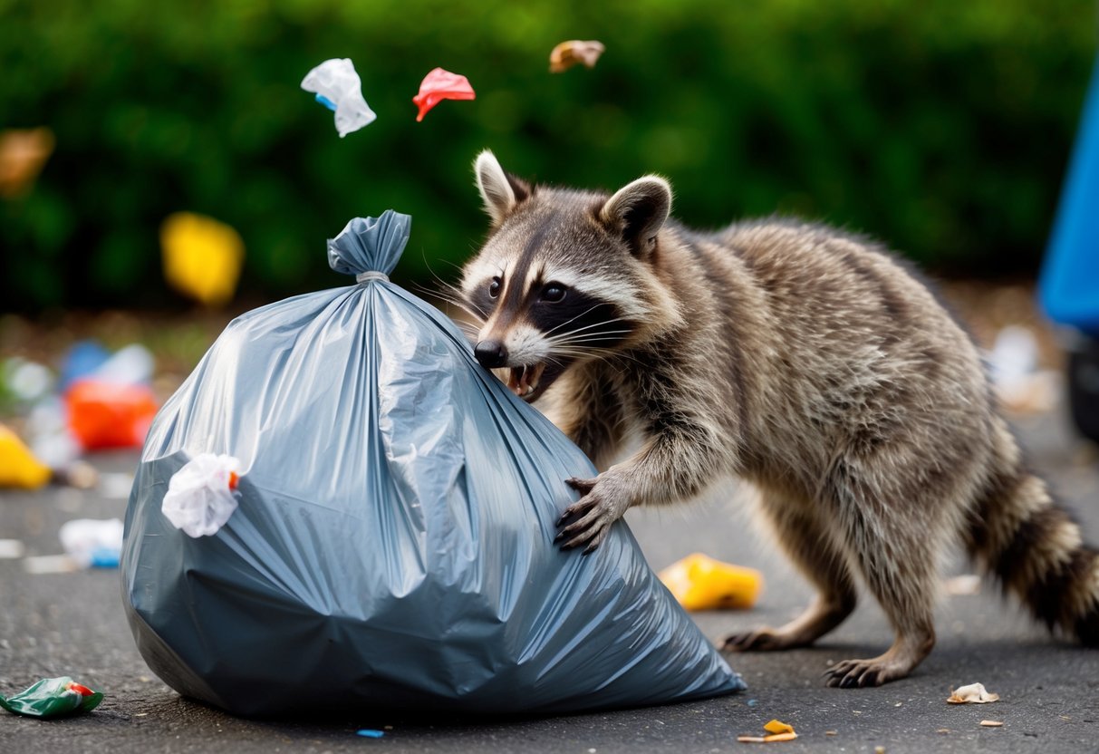A raccoon bites into a trash bag, scattering garbage