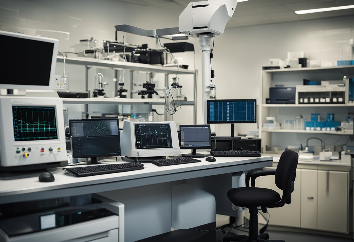 A lab setting with a PEMF therapy device emitting electromagnetic waves towards a sample subject. Scientific equipment and charts are visible in the background