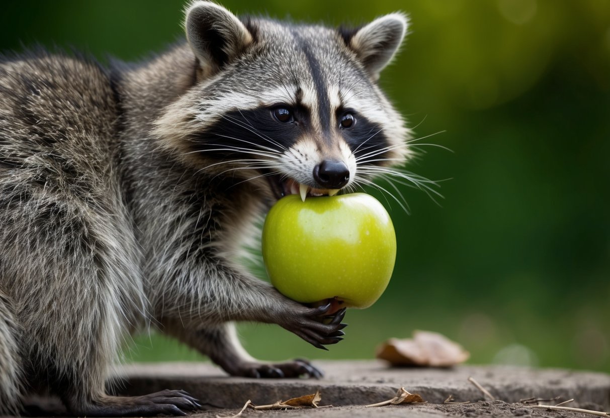 A raccoon bites into a discarded apple, its sharp teeth piercing the skin. The raccoon's fur is mottled with shades of gray and black, and its eyes are bright with curiosity