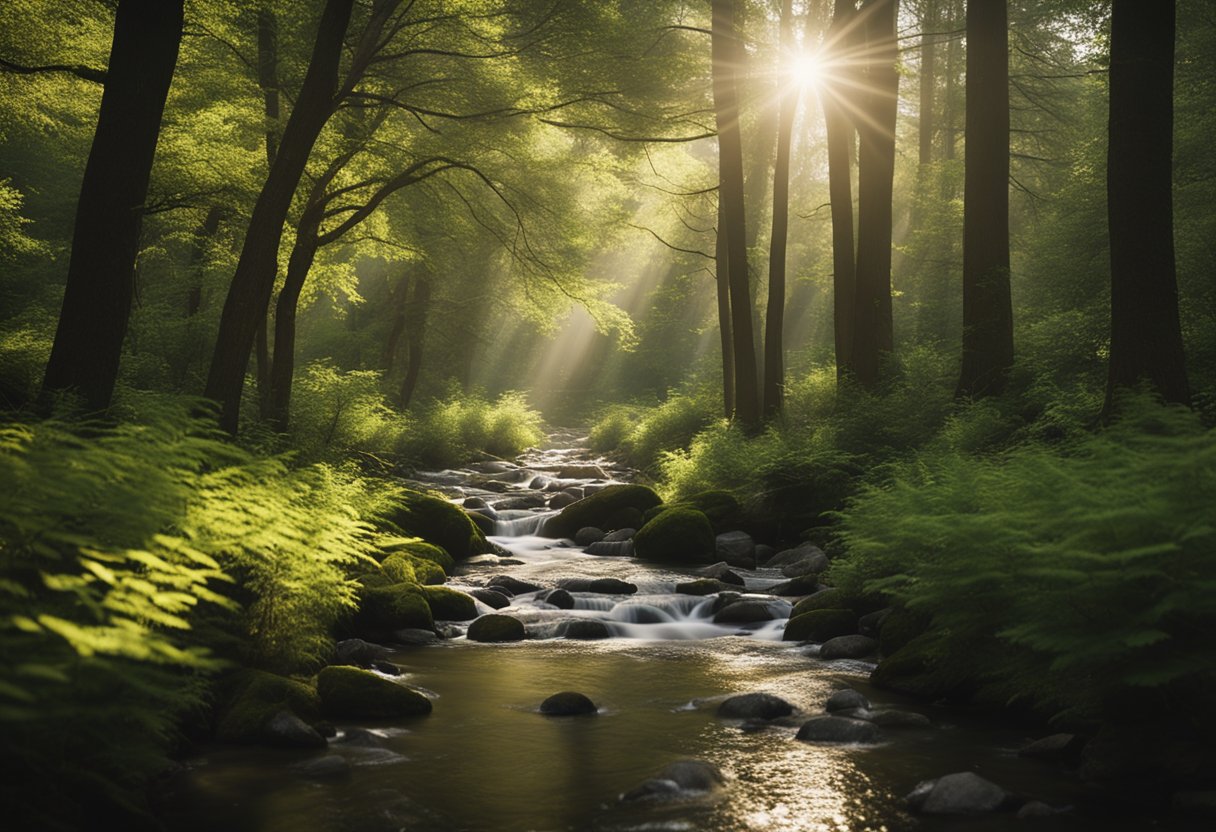 A serene forest with a stream, birds, and sunlight filtering through the trees, evoking a sense of peace and healing