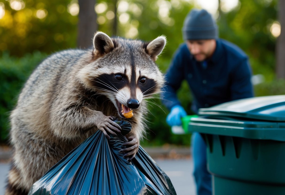 A raccoon is shown biting into a trash bag. A person in the background is seen putting a lid on a garbage can