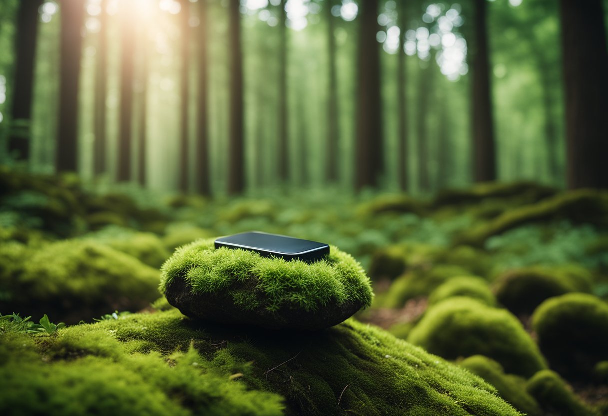 A serene forest clearing with a PEMF therapy device placed on a moss-covered rock, surrounded by lush greenery and gently swaying trees