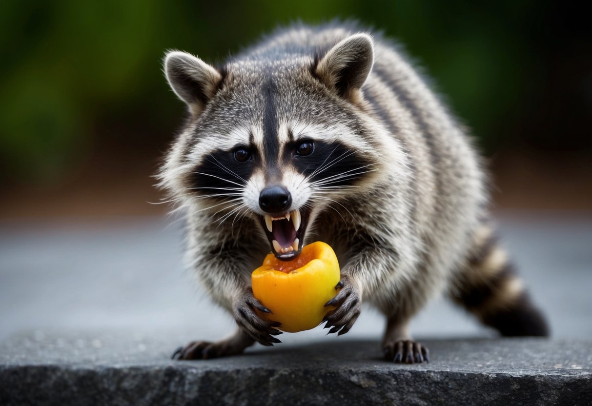 A raccoon snarls, baring its teeth as it lunges forward, sinking its sharp fangs into a piece of fruit