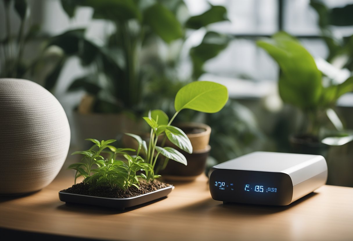 A serene setting with a person using a PEMF device on a comfortable surface, surrounded by calming elements like plants and soft lighting