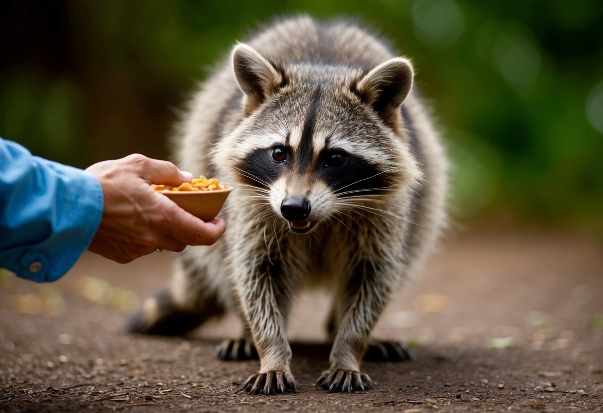 A raccoon cautiously approaches a person offering food