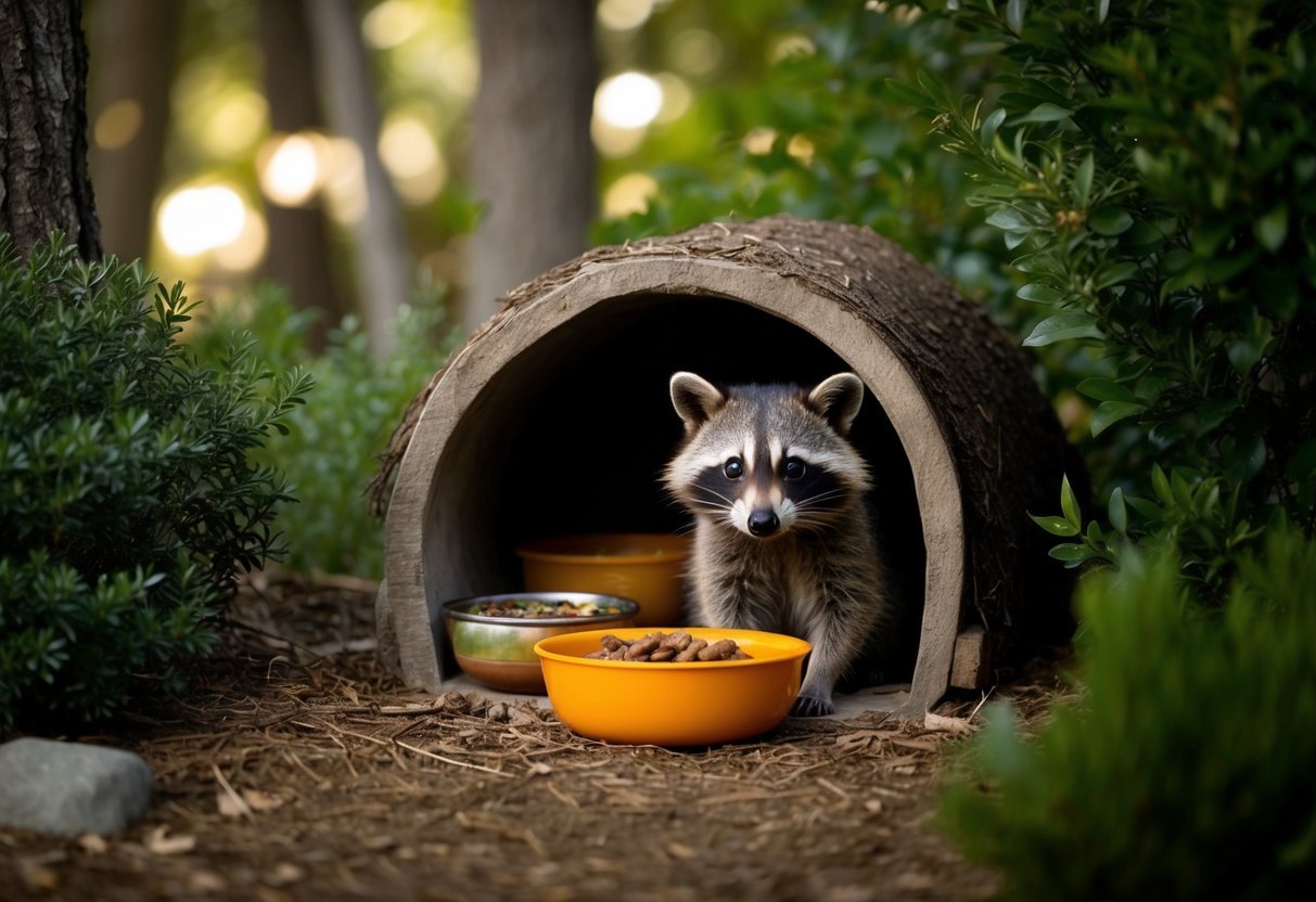 A cozy, sheltered den with a bowl of food and water, surrounded by trees and bushes, with a cautious raccoon peeking out