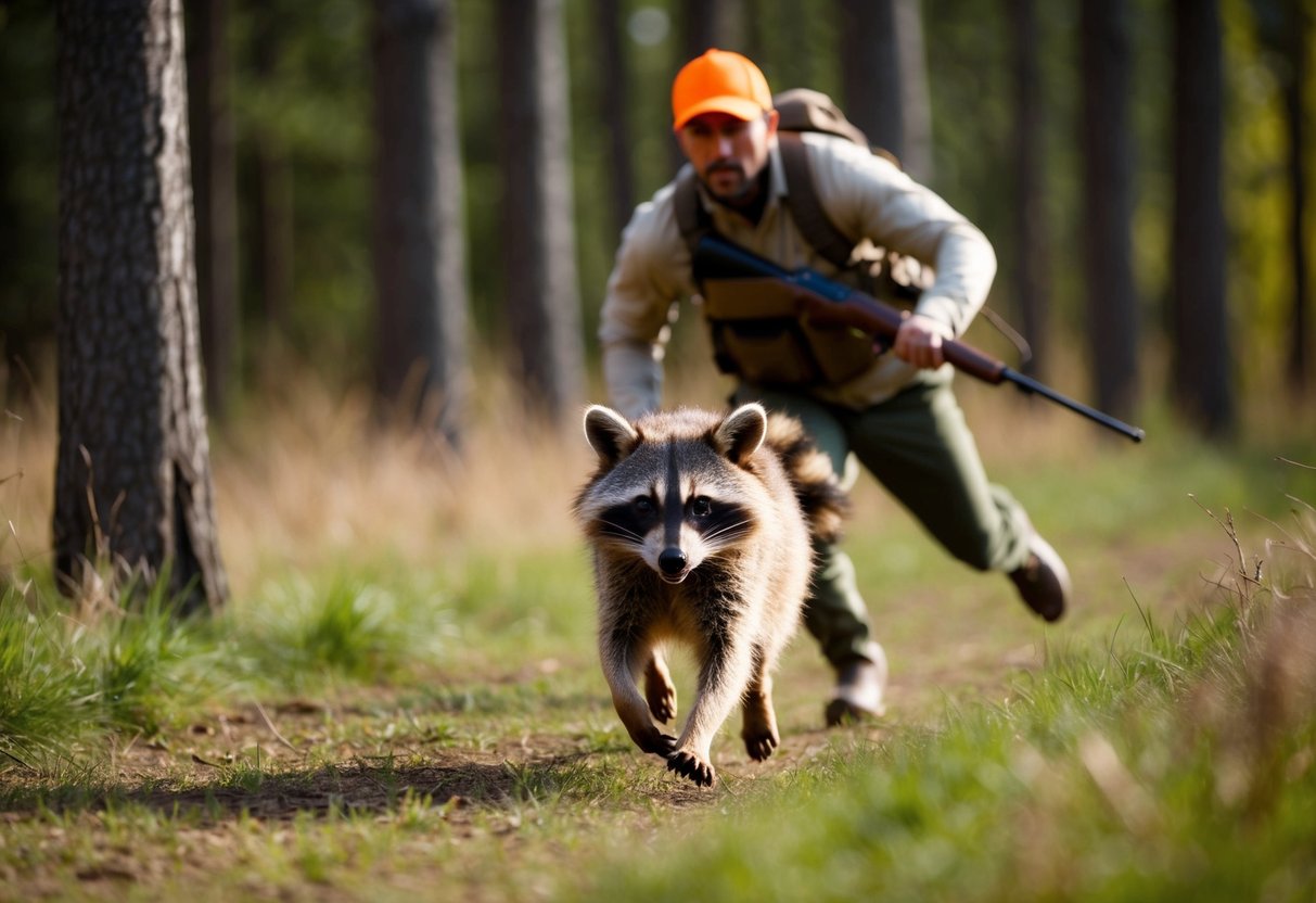 A raccoon dog is being chased by a hunter through the forest