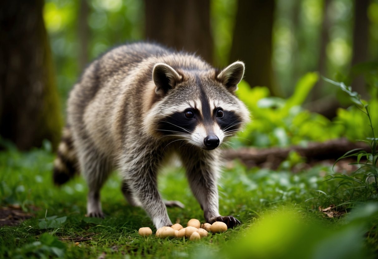 A raccoon dog forages for food in a lush forest, its sharp eyes scanning the surroundings for any signs of danger