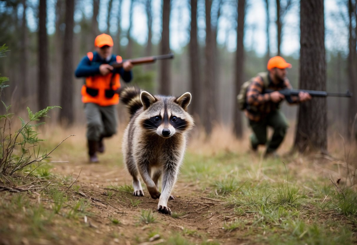 A raccoon dog being pursued by hunters in a forested area