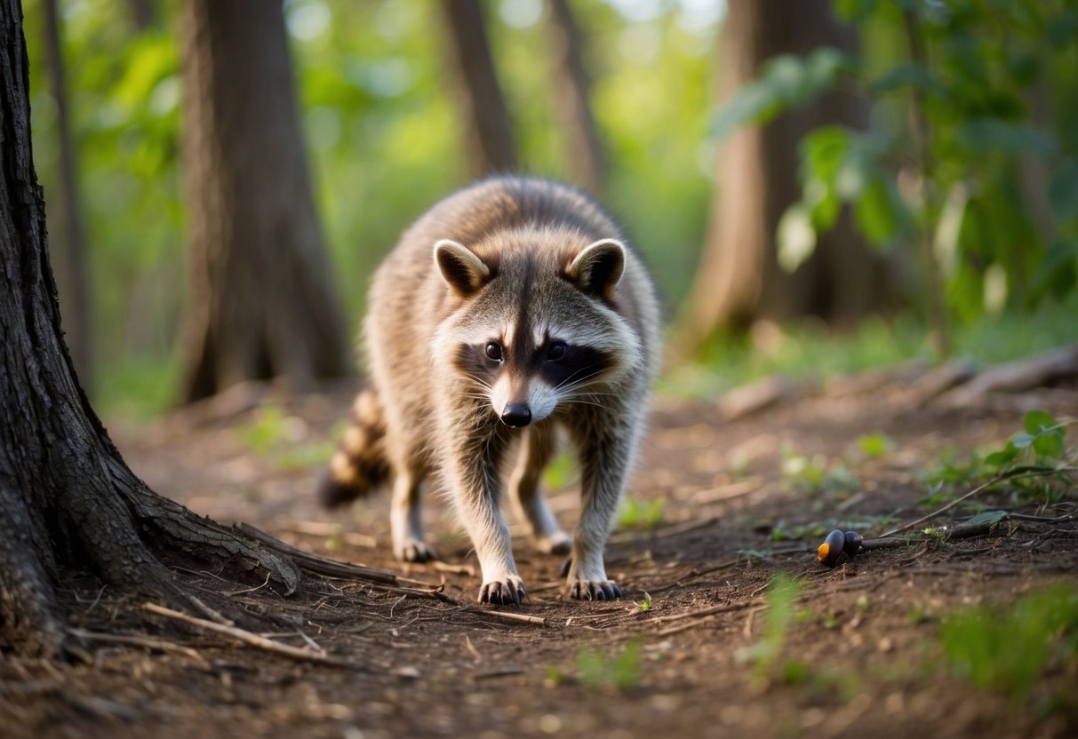 A raccoon dog forages for food in a wooded area, sniffing around for insects and small animals