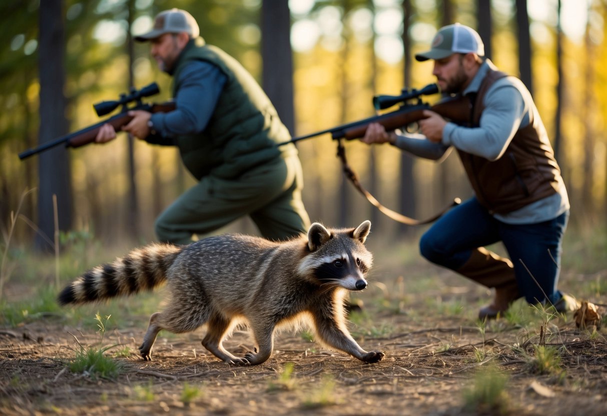 A raccoon dog being pursued by hunters with rifles in a forest clearing