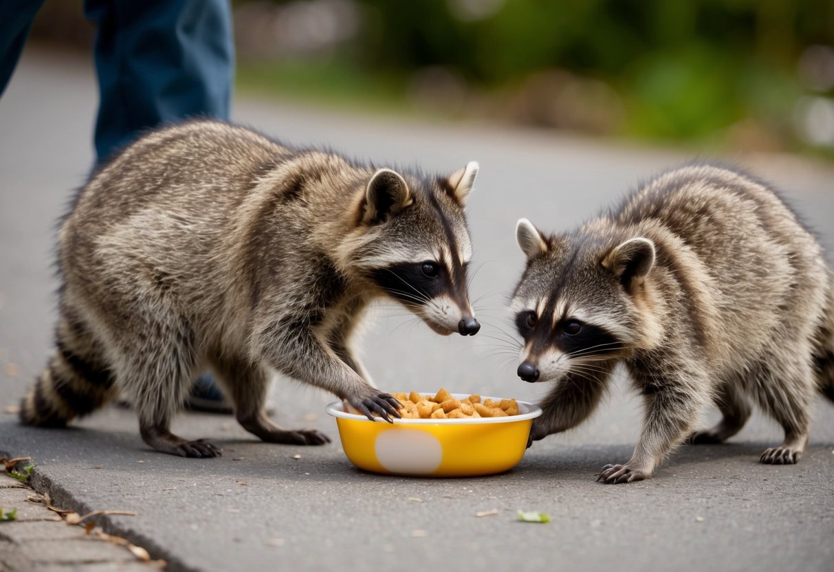 A raccoon cautiously approaches a person's discarded food, sniffing the air for any potential danger before cautiously reaching out to grab a morsel