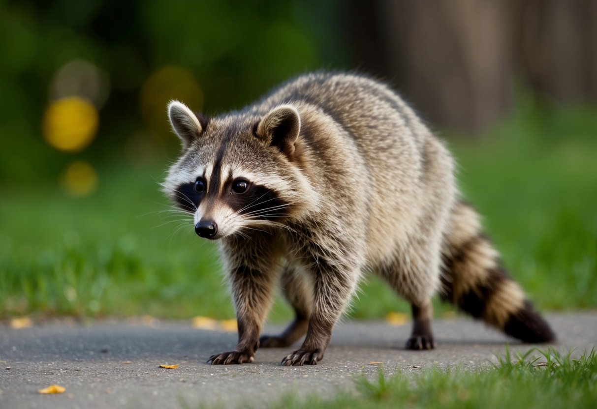 A raccoon cautiously approaches, its bandit-like mask and bushy tail on display, as it sniffs the air with curiosity