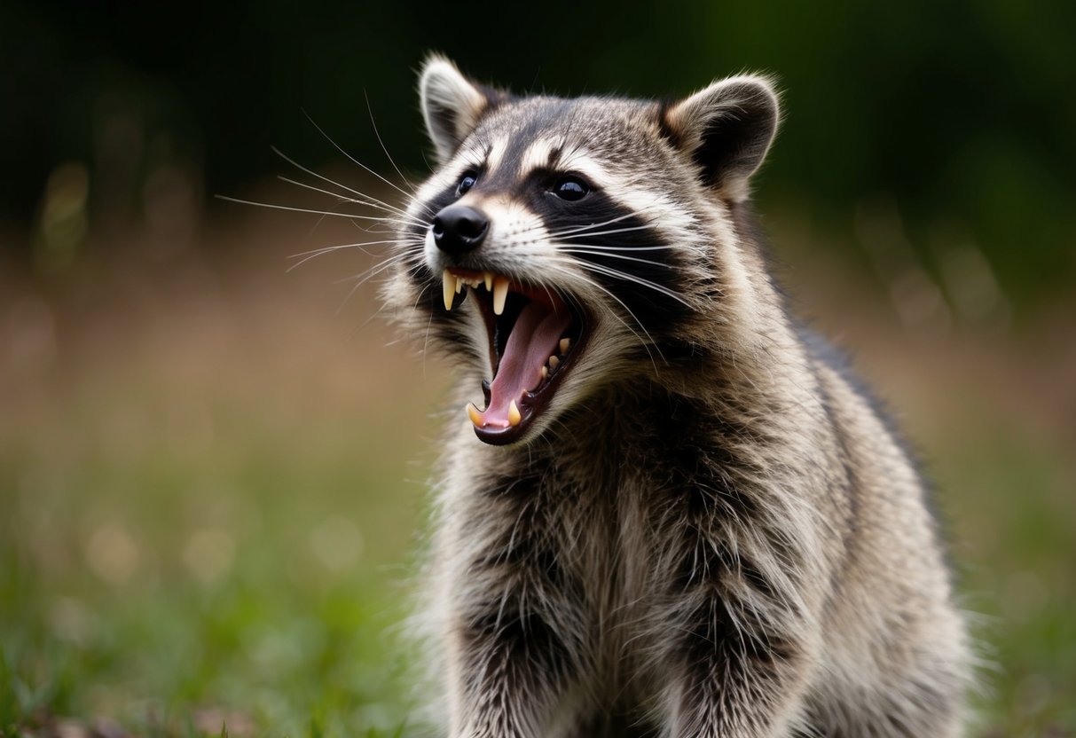 A raccoon with raised fur and bared teeth emits a piercing scream, saliva foaming at the mouth