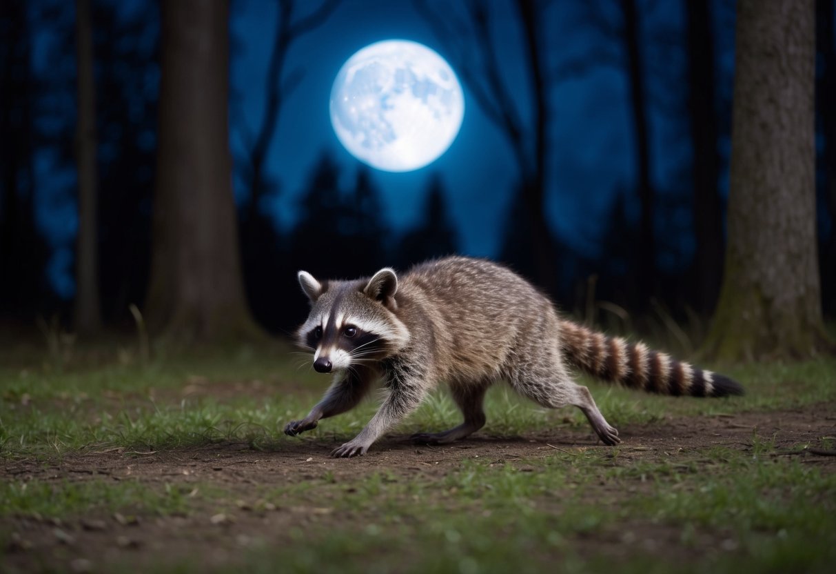 A raccoon darts across a moonlit forest, its striped tail trailing behind as it scurries at speeds of up to 15 miles per hour