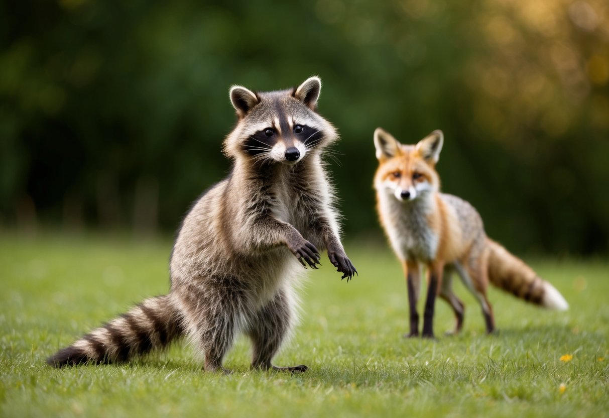 A raccoon standing on its hind legs, sizing up a fox in the distance