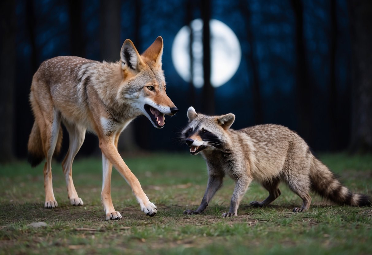 A coyote lunges at a raccoon, teeth bared, in a moonlit forest clearing
