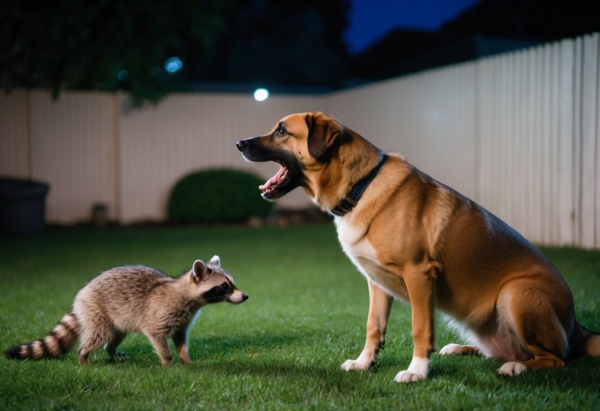 A large dog barking at a raccoon in a backyard at night