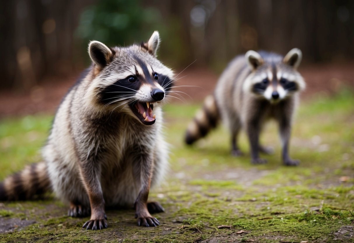 A raccoon dog snarls, baring its teeth and raising its fur, while another prowls nearby with a watchful gaze
