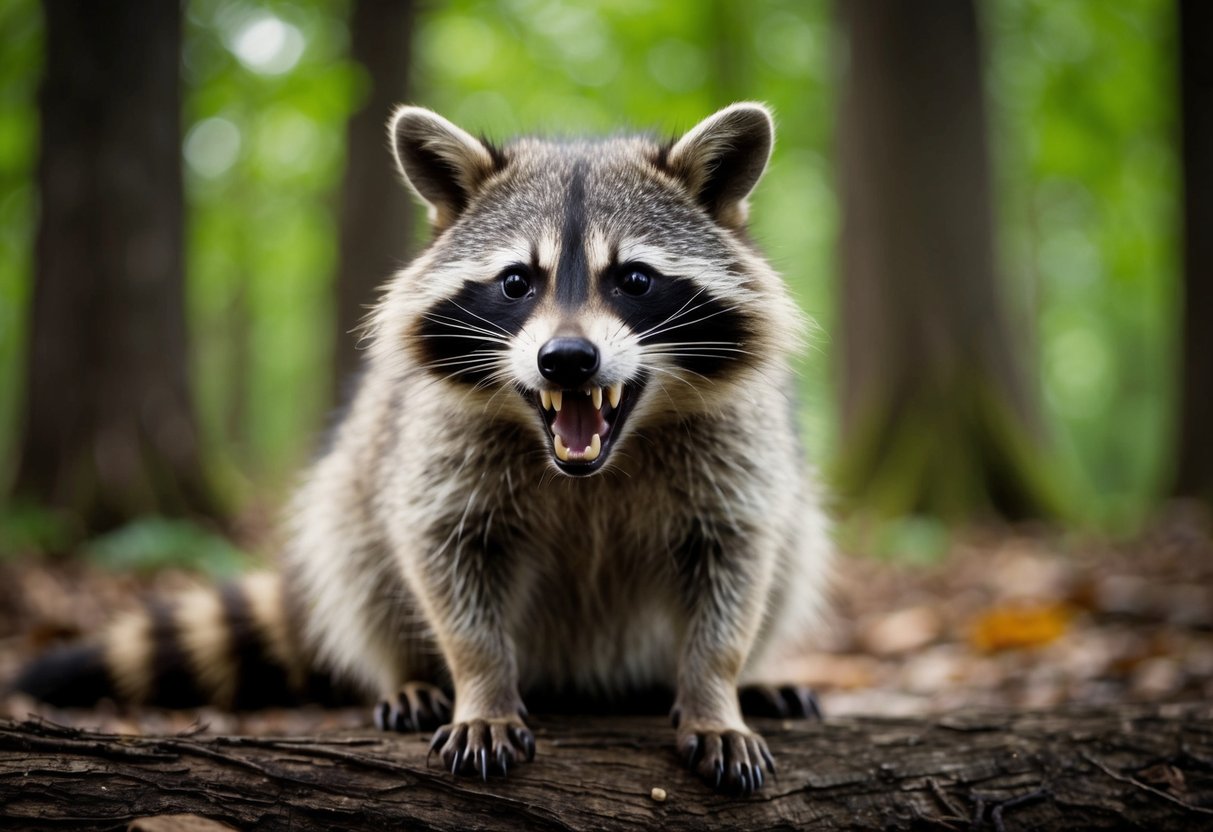 A raccoon dog snarls, baring its teeth, while scavenging for food in a forest