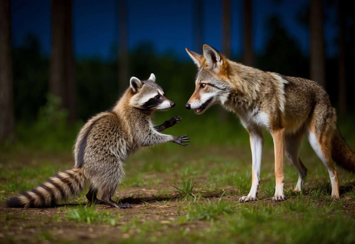 A raccoon fending off a coyote in a forest at night