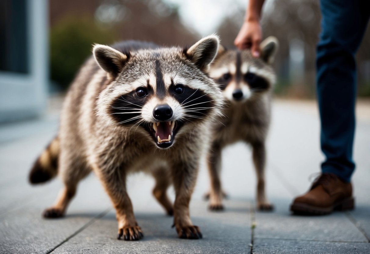 A raccoon dog snarls defensively, baring its teeth, while a human cautiously approaches with a neutral expression