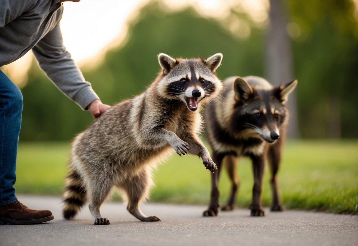 A raccoon dog stands defensively, growling at a human and another animal