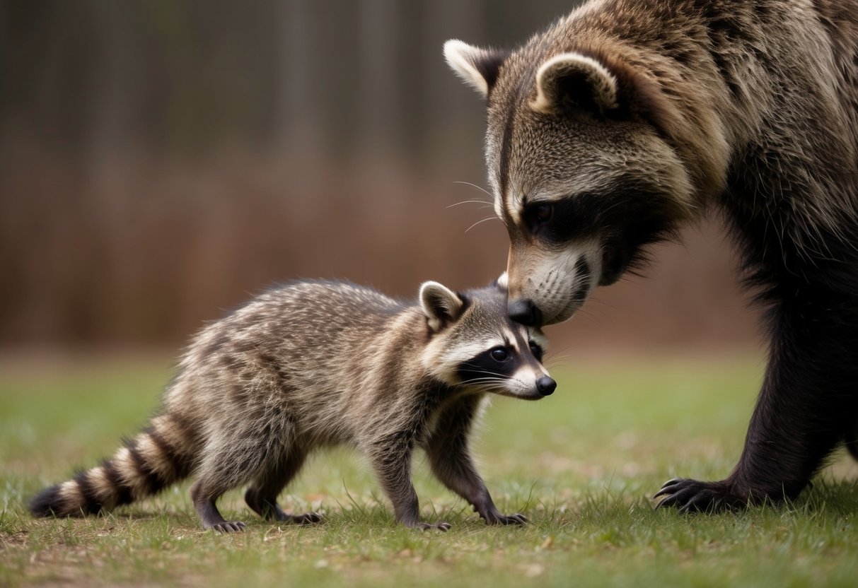 A raccoon cowers from a looming shadow of a large bear