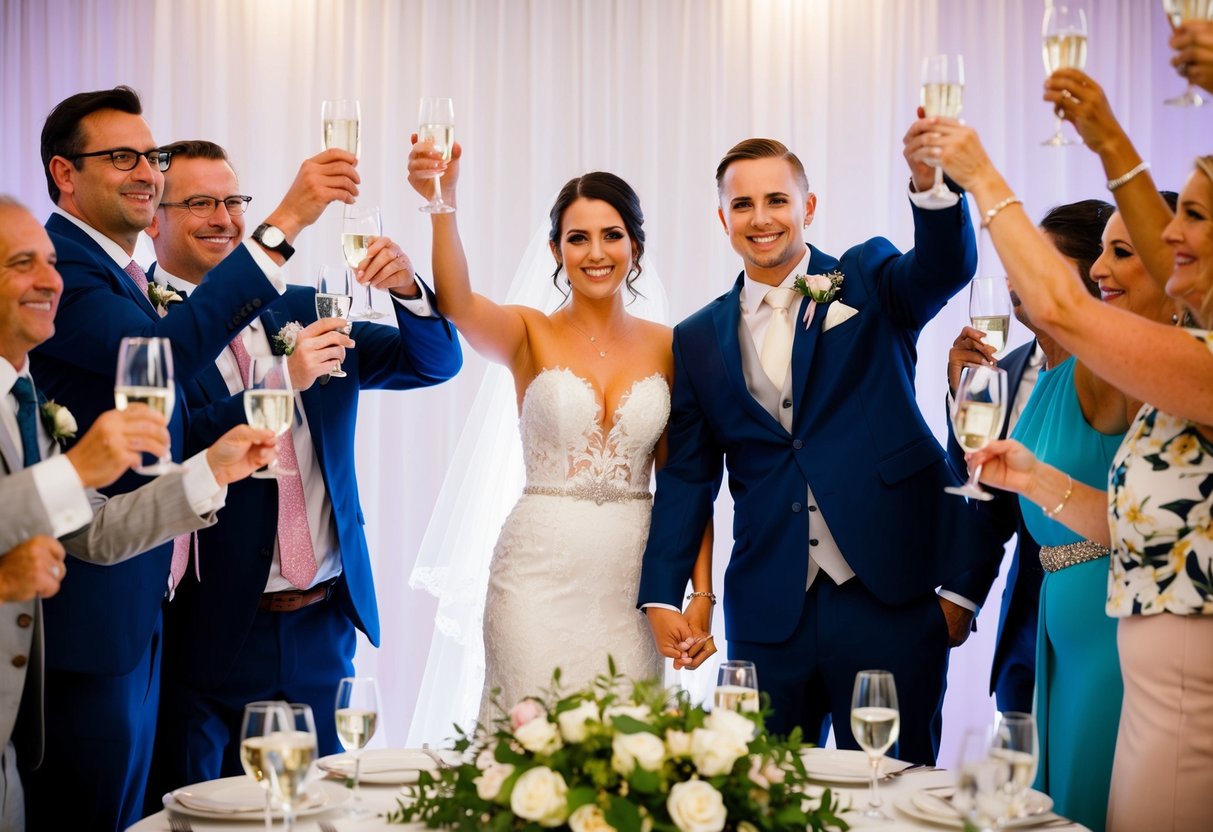 A bride and groom stand at the head table, surrounded by guests raising their glasses in celebration