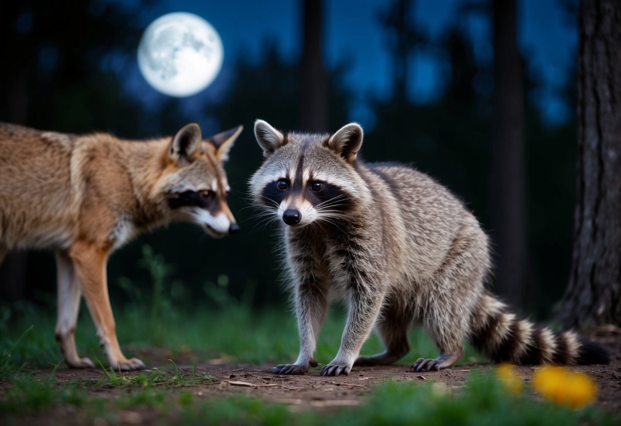 A raccoon cautiously eyes a larger predator, such as a coyote or bobcat, from a safe distance in the moonlit forest