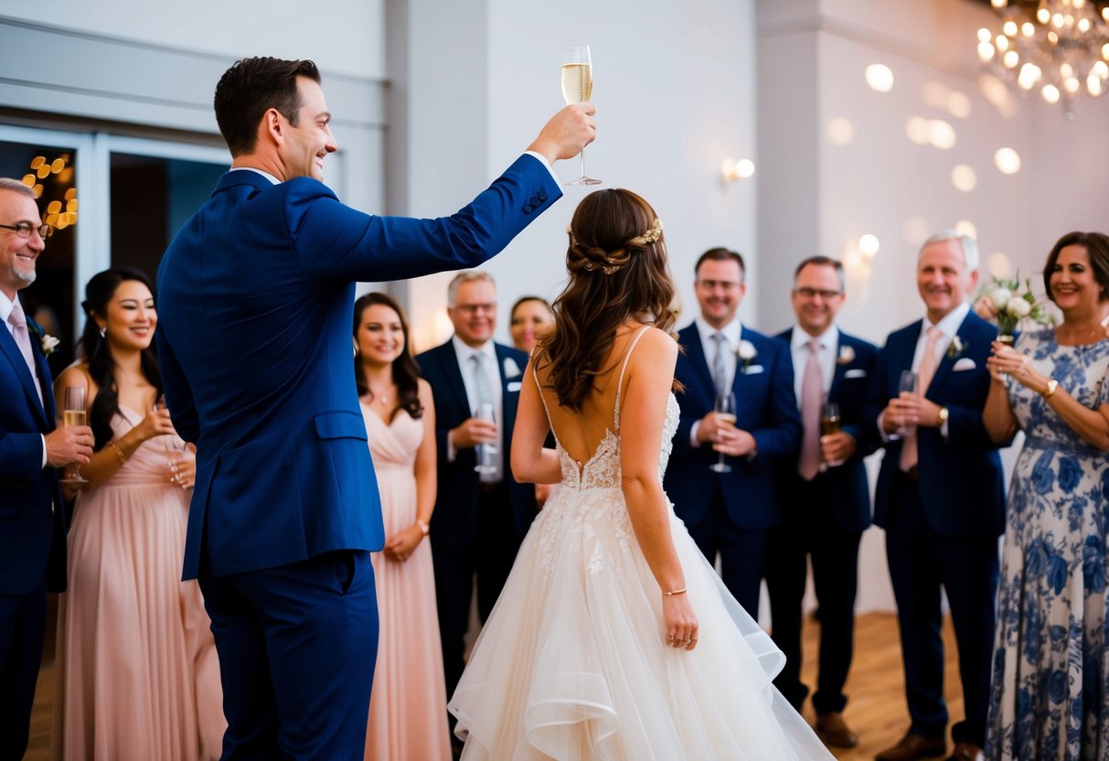 A man in a suit raises a champagne glass towards a woman in a flowing dress, surrounded by a group of guests at a wedding reception