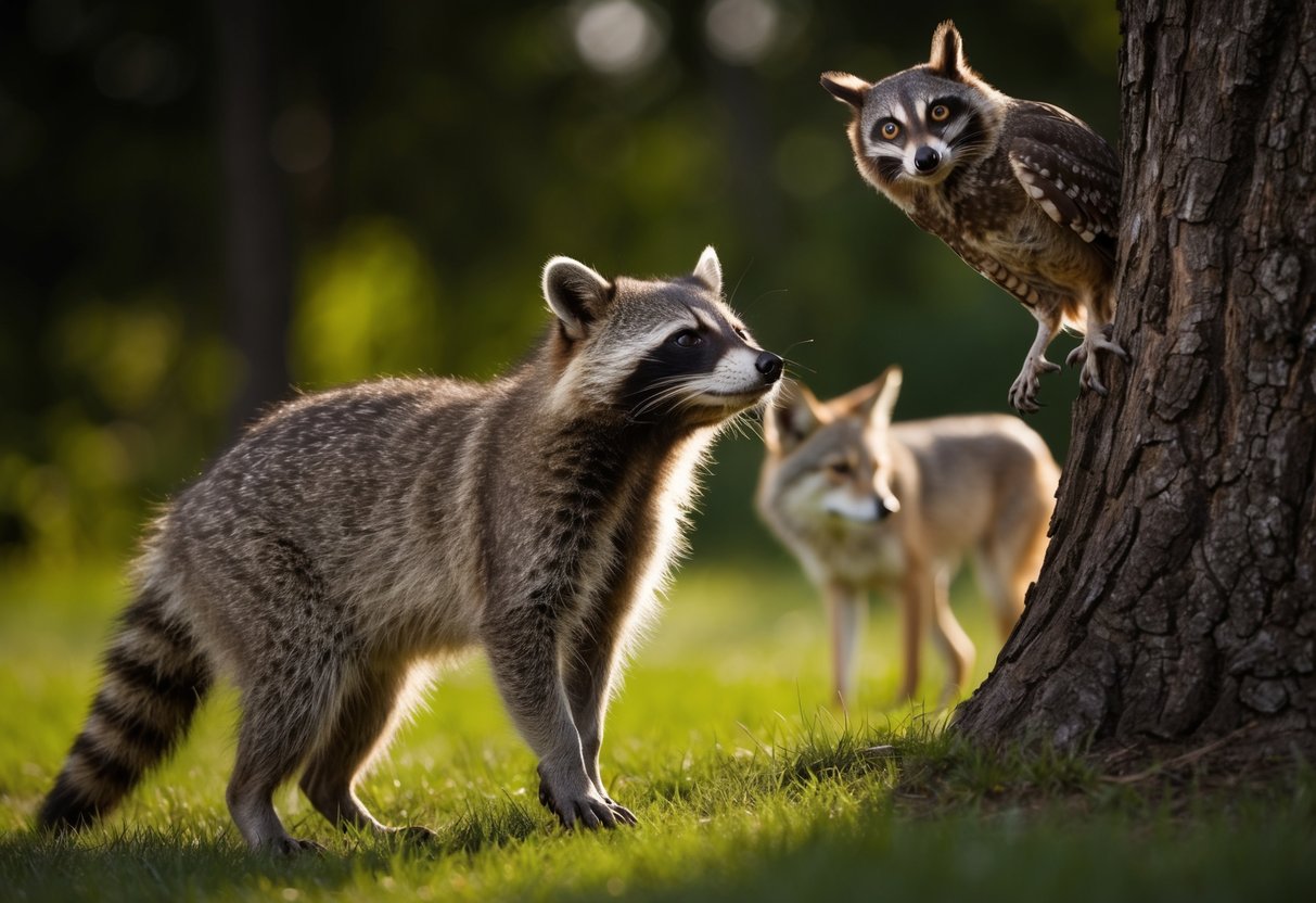 A raccoon cautiously looks up at a looming owl perched in a tree, while a coyote lurks in the shadows nearby