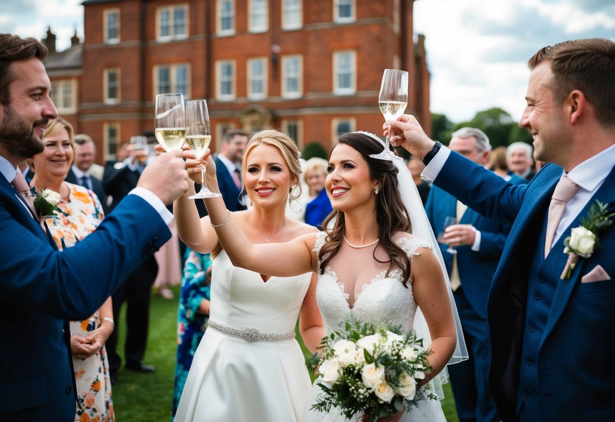 A bride and groom raise their glasses, surrounded by guests at a UK wedding