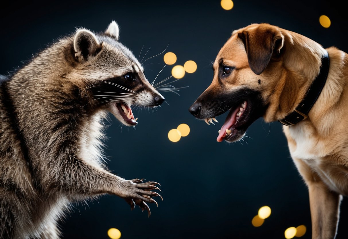 A raccoon and a dog face off in a tense standoff, their bodies coiled and ready for action. The raccoon's sharp claws and teeth are visible as it hisses at the dog, while the dog bares its teeth in response