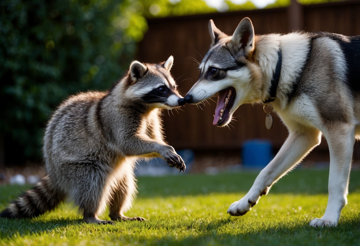 A raccoon and a dog face off in a backyard, with the raccoon standing on its hind legs and the dog barking aggressively