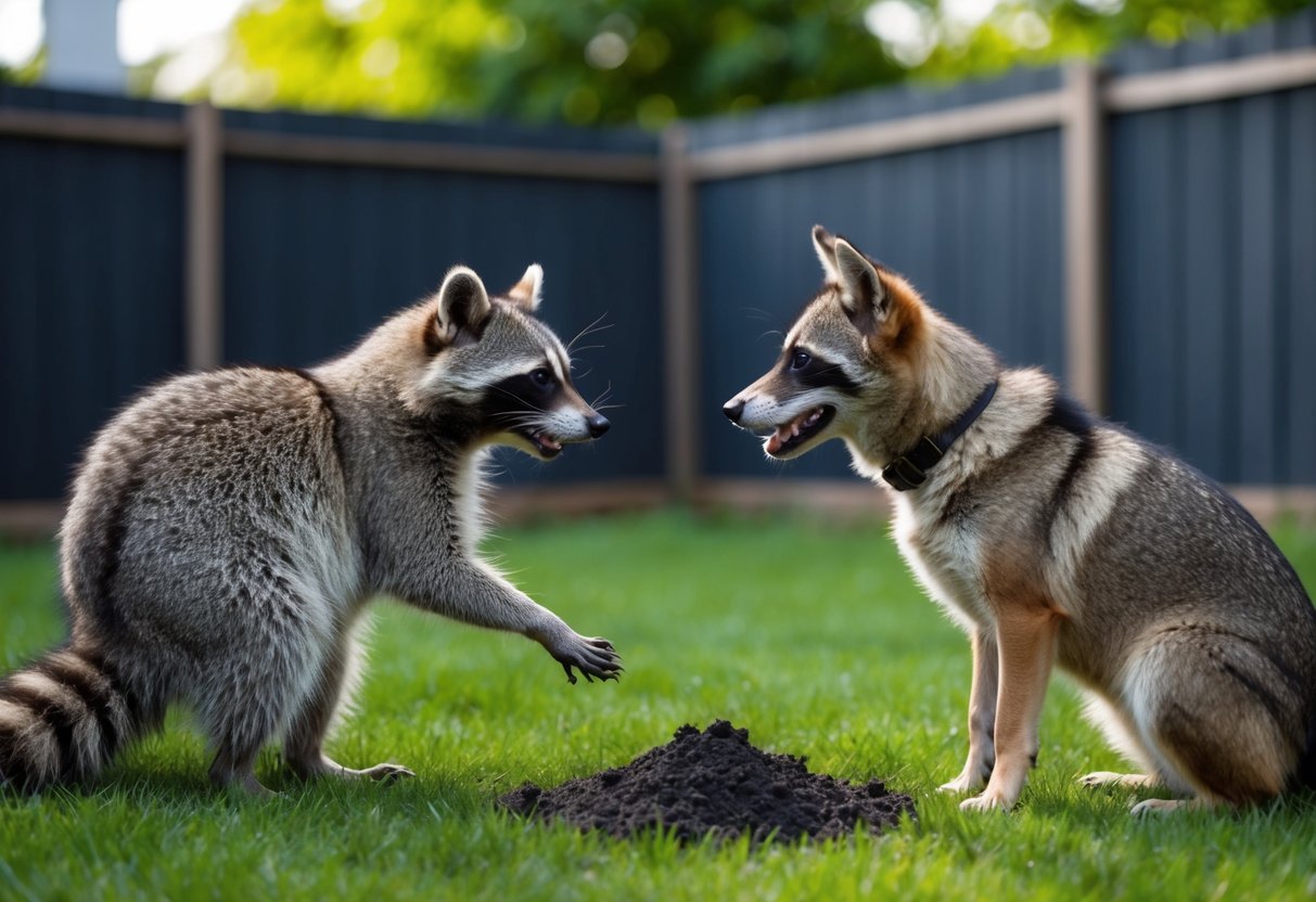 A raccoon and a dog facing each other in a backyard, with the raccoon's saliva and feces present in the area