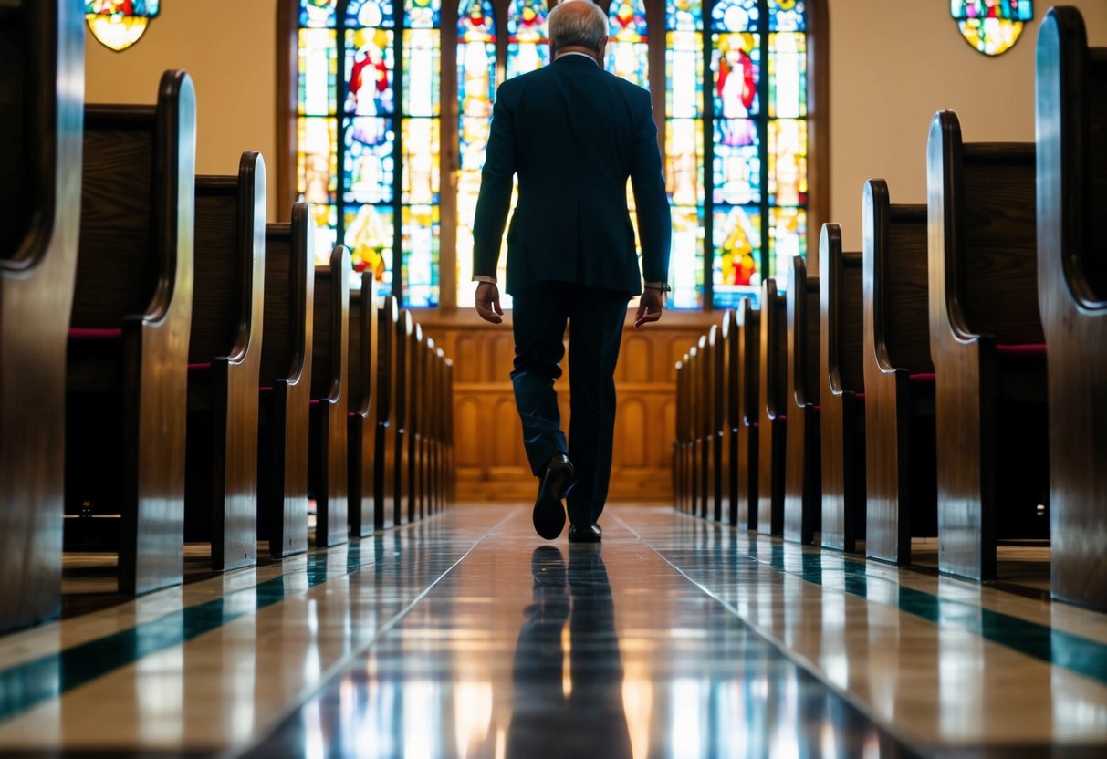 A figure walks back down the aisle, their steps echoing against the polished floor. The light filters through stained glass windows, casting colorful patterns on the ground