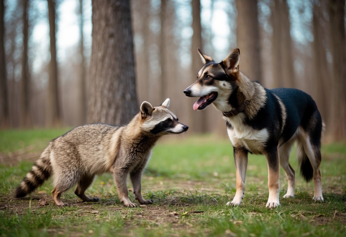 A dog standing alert, facing a masked raccoon in a wooded area