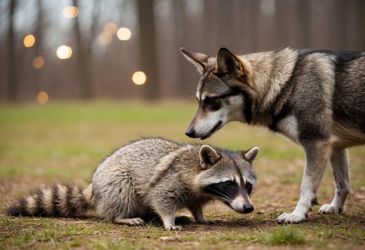 A dog sniffs a raccoon carcass, displaying symptoms of illness