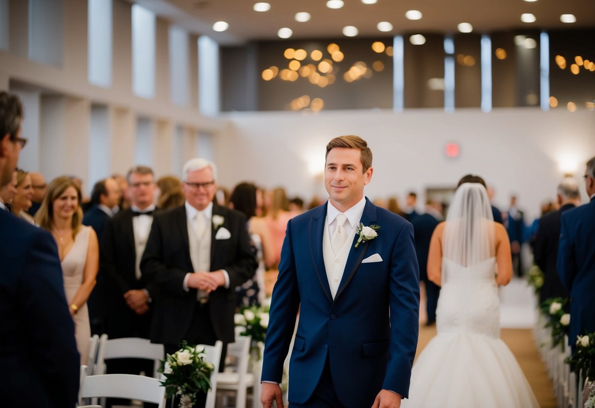 A figure in formal attire walks back down the aisle