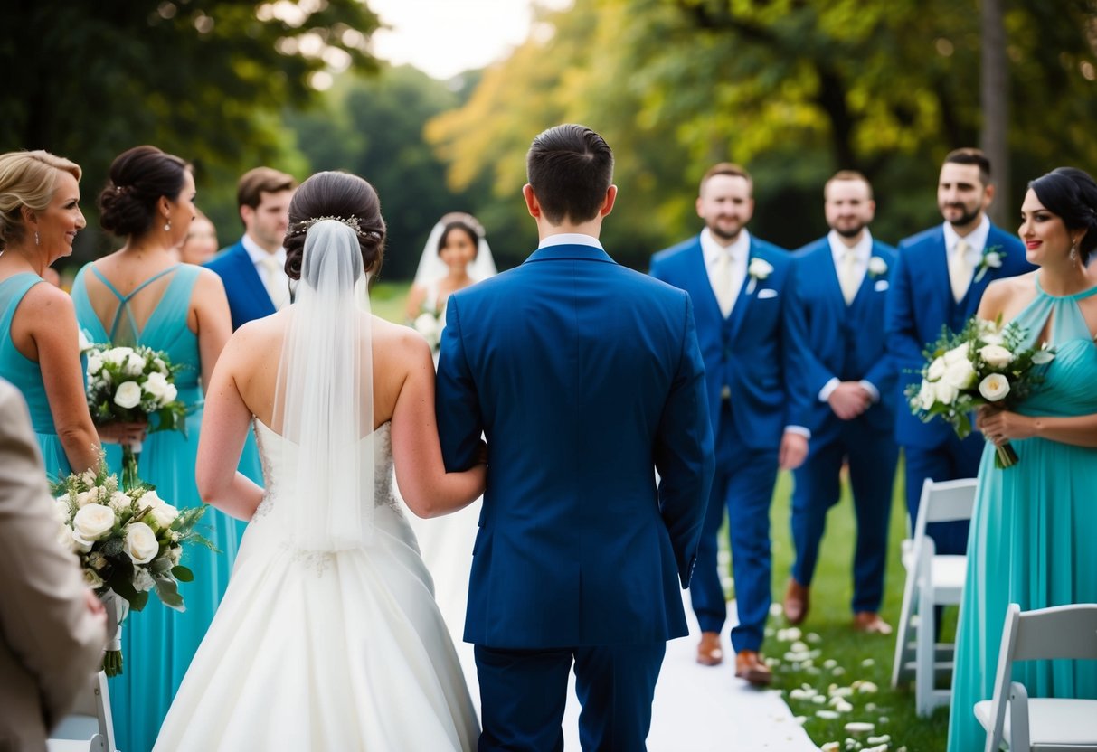 The bride and groom walk back down the aisle together, followed by the wedding party in pairs