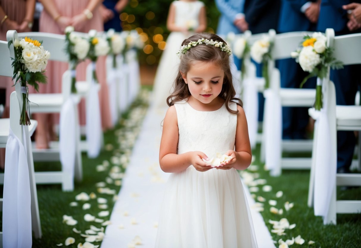 A flower girl scatters petals down the aisle