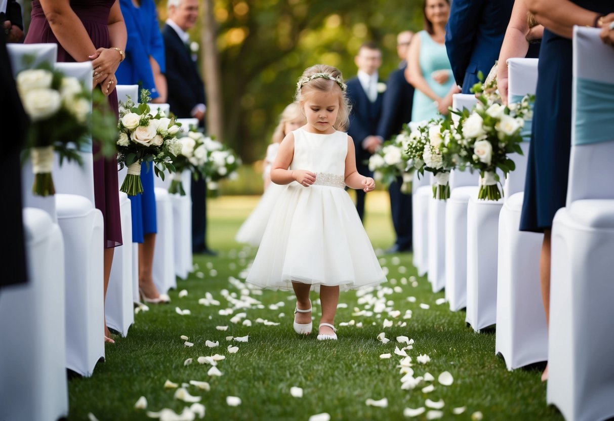 A flower girl scatters petals down the aisle, leading the way for the bride in a wedding processional